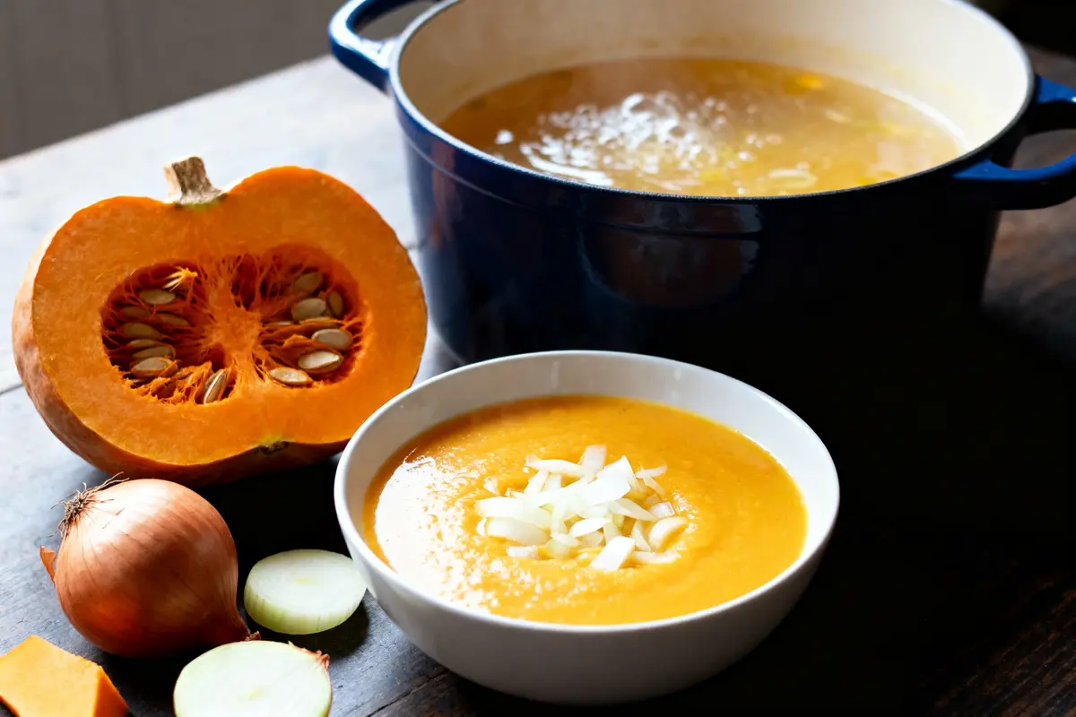 Soupe au potiron servie avec des oignons inspirée d'une recette de grand-mère traditionnelle.