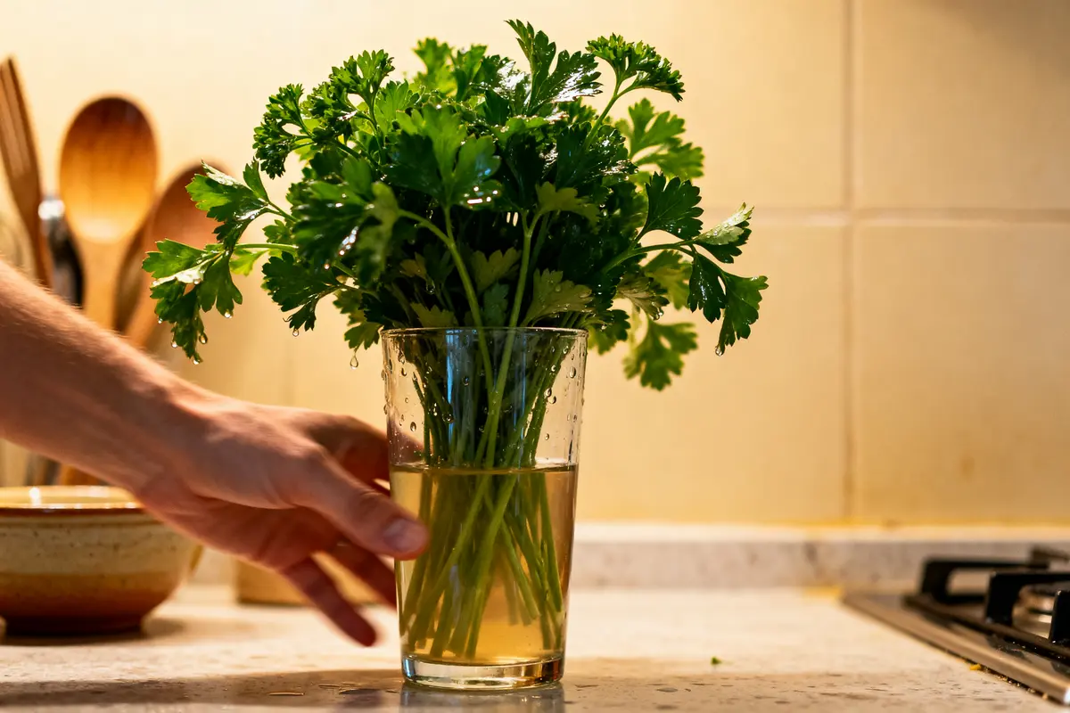 Main plaçant persil frais dans verre d'eau pour savoir comment conserver du persil frais