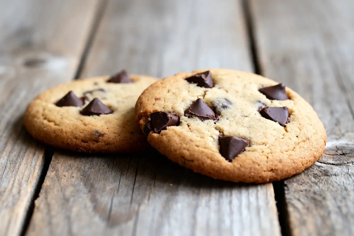 Deux cookies sans sucre aux pépites de chocolat sur une table en bois rustique