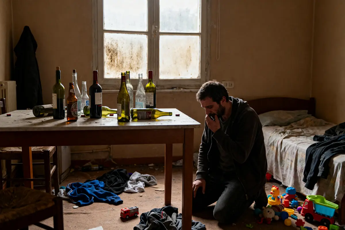 Homme déprimé dans une chambre désordonnée questionnant faut-il quitter une personne alcoolique