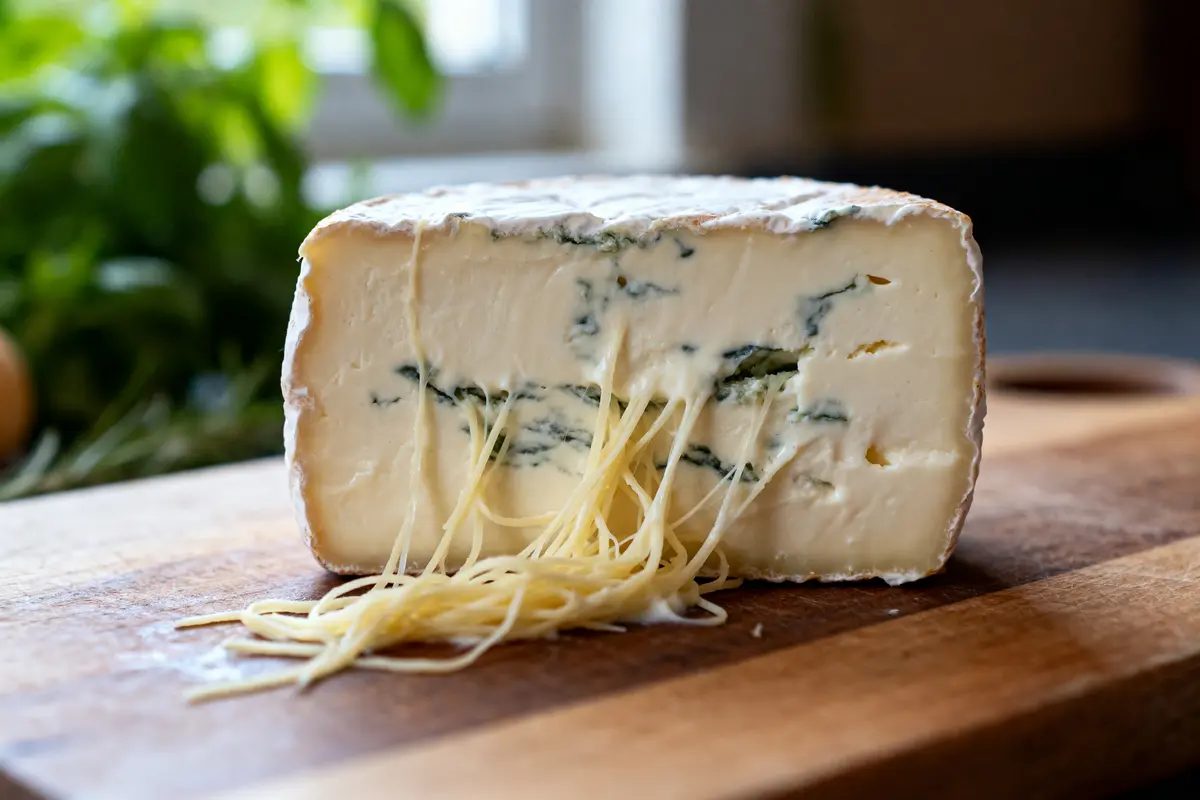 Fromage stracciatella crémeux et coulant sur planche en bois avec herbes en arrière-plan