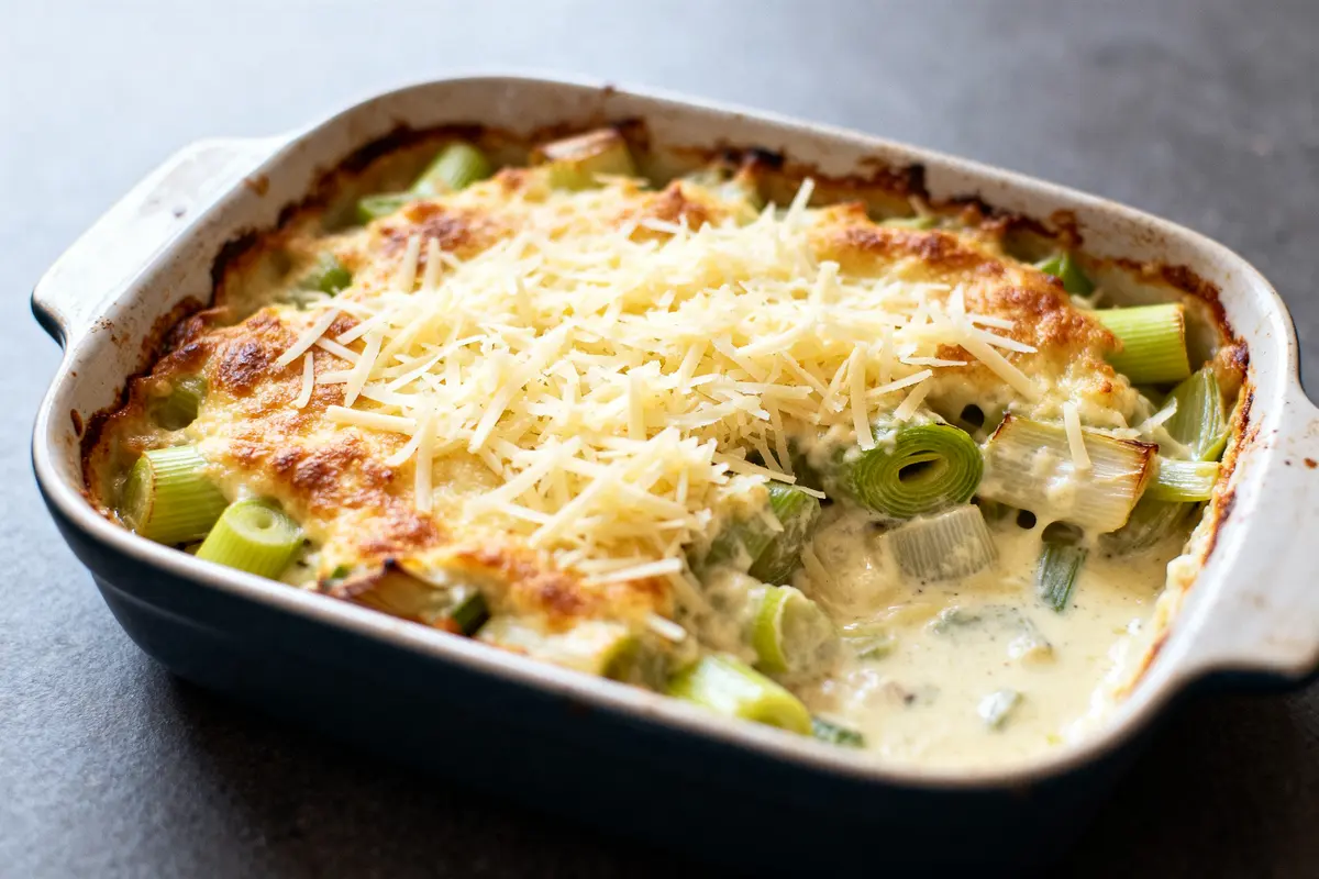Gratin de poireaux crémeux aux lardons et fromages fondants