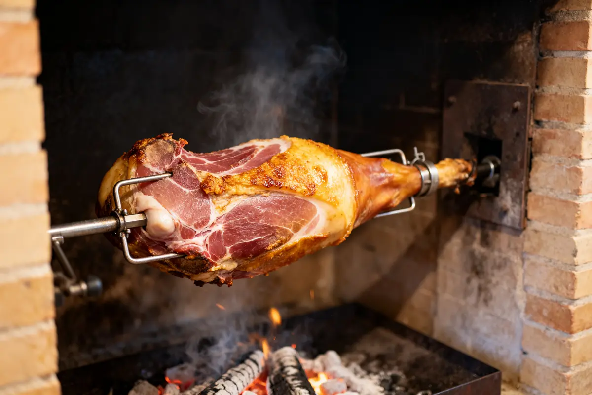 pexels-michal-pech-213601-757318 (1) Jambon Ă la broche rĂ´tissant au-dessus de braises dans un four traditionnel en briques