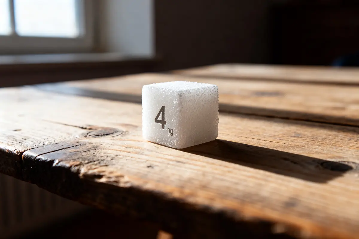Cube de sucre blanc montrant le poids d'un morceau de sucre sur une table en bois