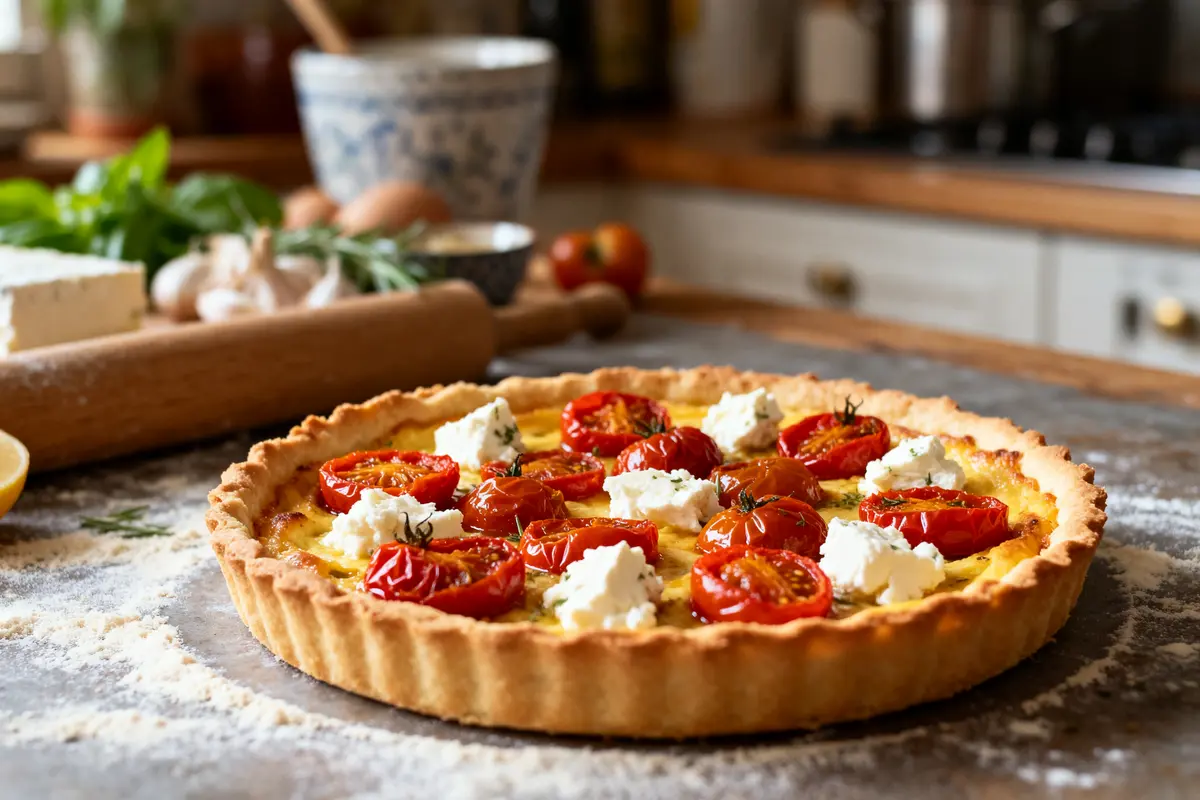 Tarte tomate fromage sur pâte sablée prête dans une cuisine rustique recette salée facile
