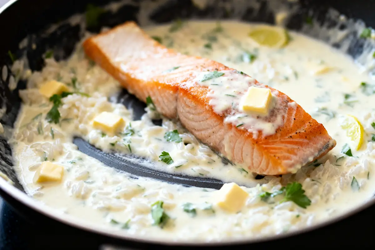 Saumon poêlé dans une sauce pour riz et poisson crémeuse avec herbes et citrons jaunes