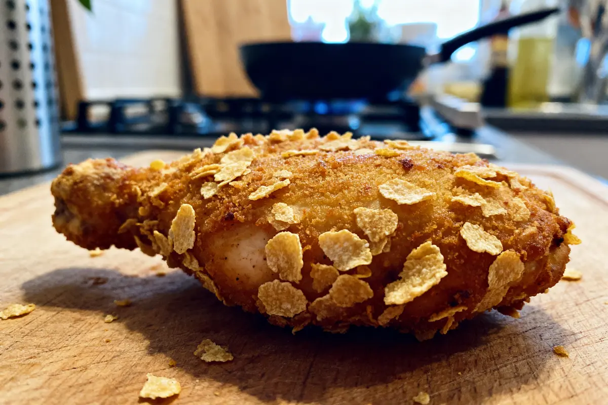 Cuisses de poulet pané aux corn flakes sur planche en bois dans une cuisine moderne