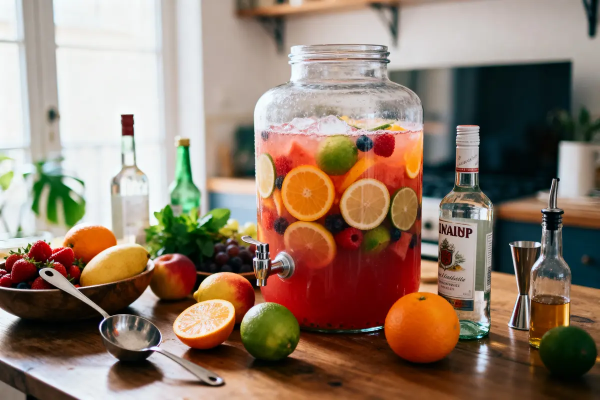 Grande jarre de punch aux fruits pour partager une recette de punch pour 50 personnes