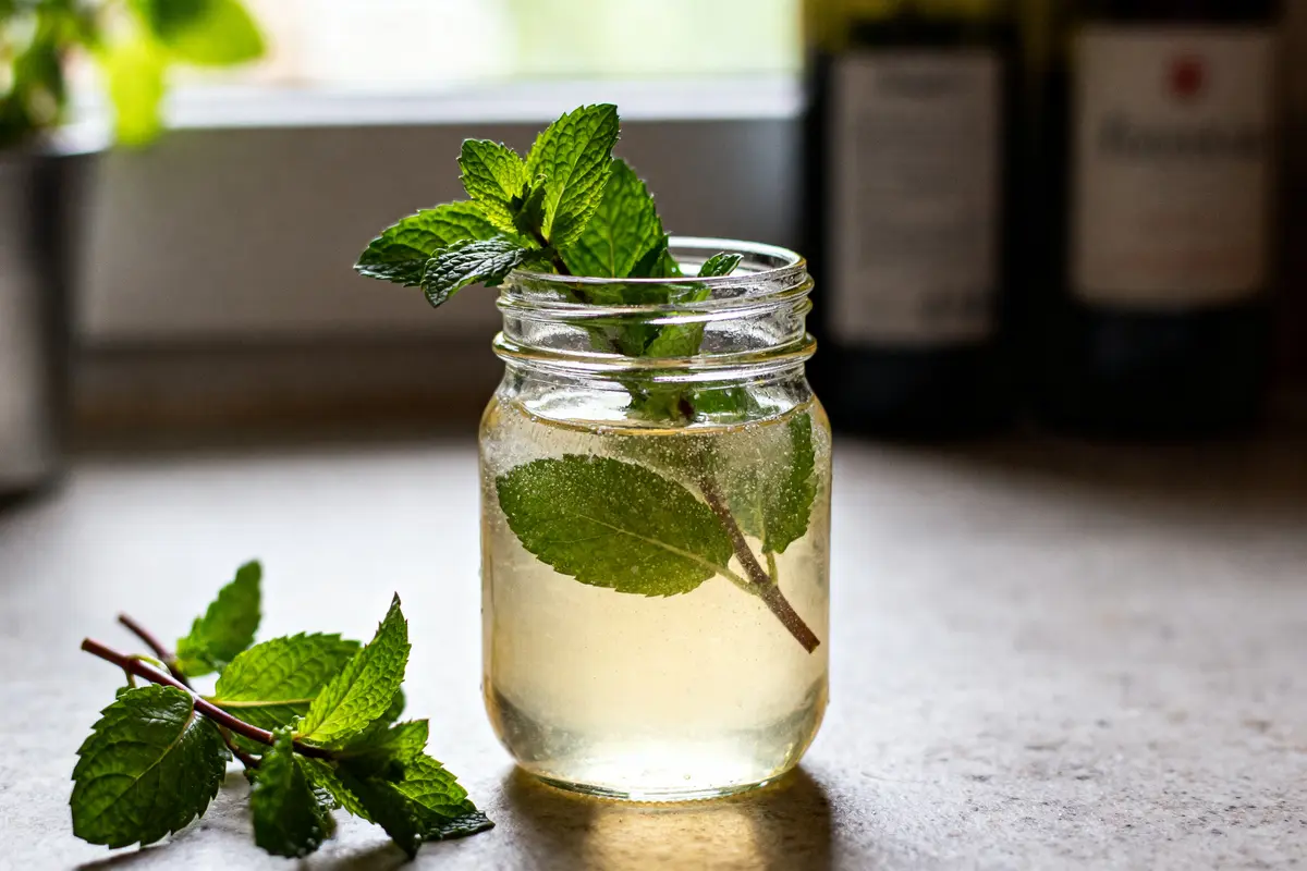 Bocal de recette de sirop de menthe sans sucre avec feuilles fraîches en décoration