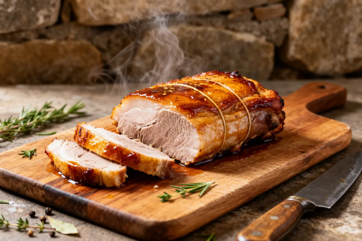 Travers de porc juteux et fondant au four tranché sur planche en bois cuisson parfaite