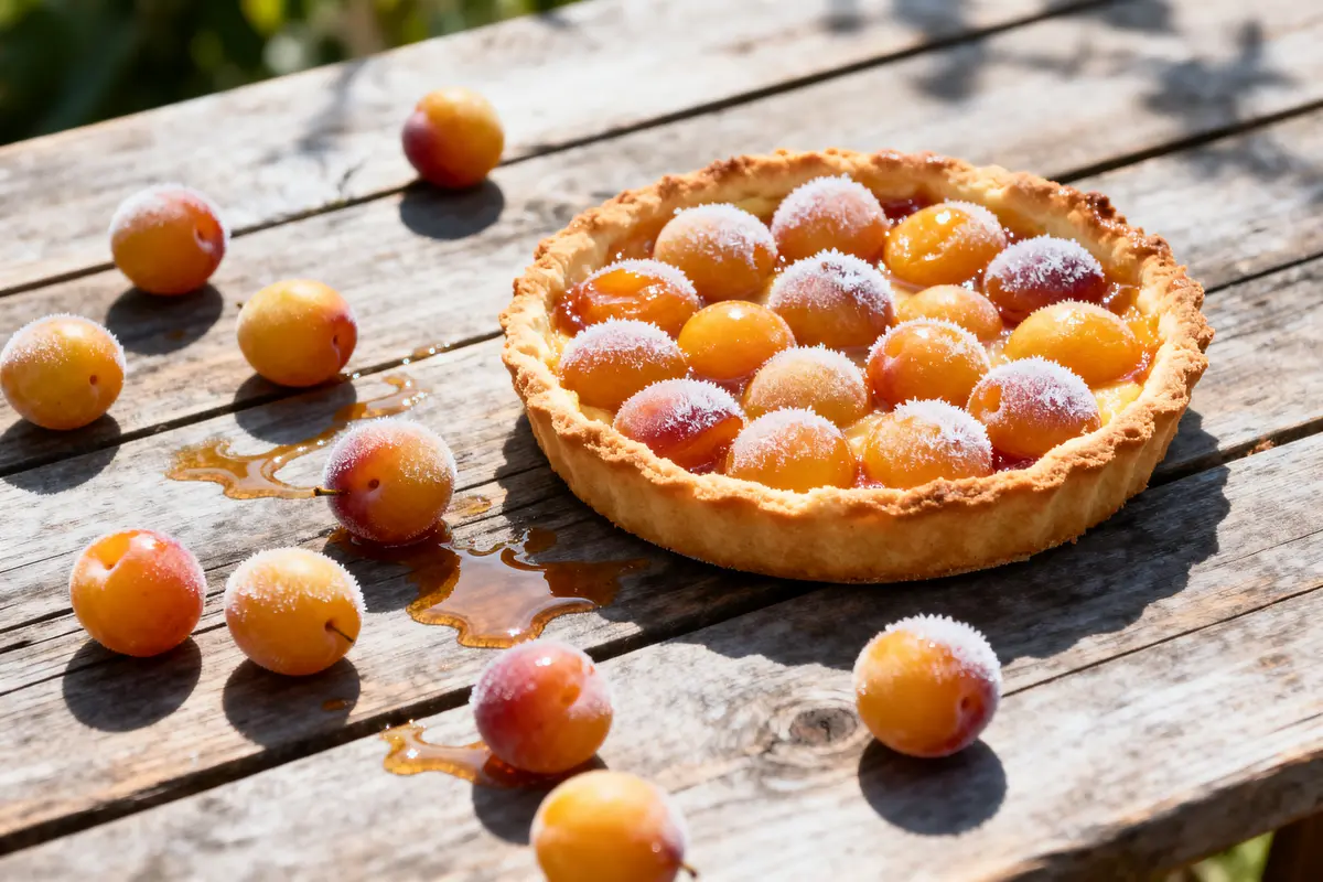 Tarte aux mirabelles congelées sur table en bois avec fruits épars